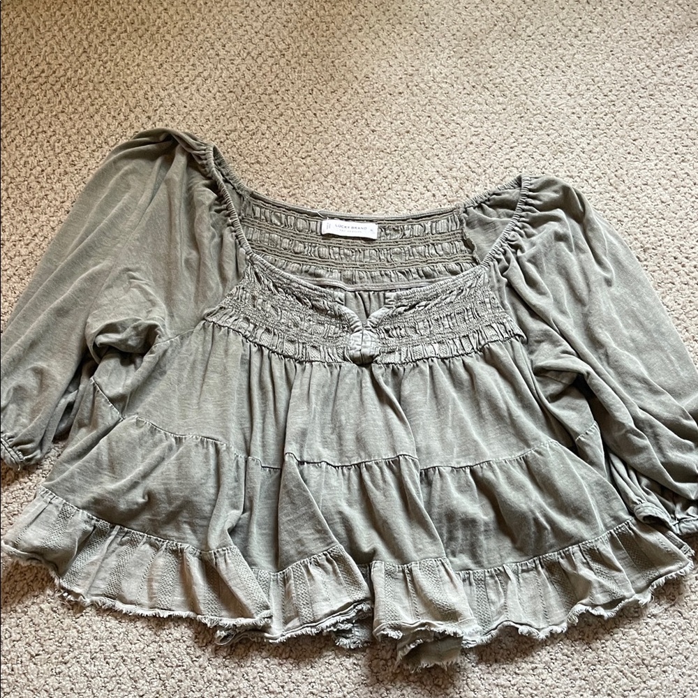 Lucky Brand Sage Green Smocked Blouse
